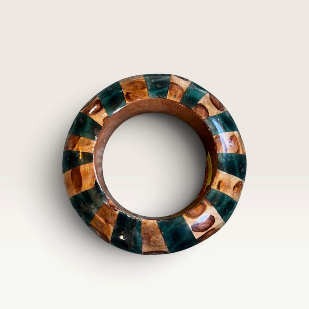 Tortoiseshell-Pattern Bangle Bracelet, Wood, Handmade, Vintage